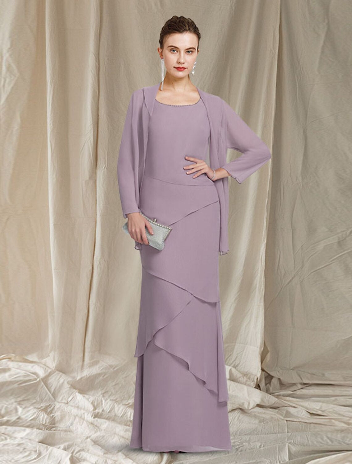 Wholesa  Two Piece Sheath / Column Mother of the Bride Dress Elegant Scoop Neck Floor Length Chiffon Sleeveless Wrap Included with Beading Cascading Ruffles