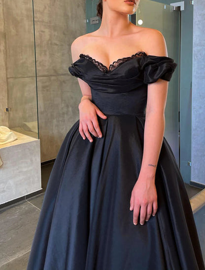 Wholesa A-Line Prom Black Dress Vintage Dress Masquerade Wedding Party Tea Length Short Sleeve Off Shoulder Fall Wedding Guest Satin with Ruched