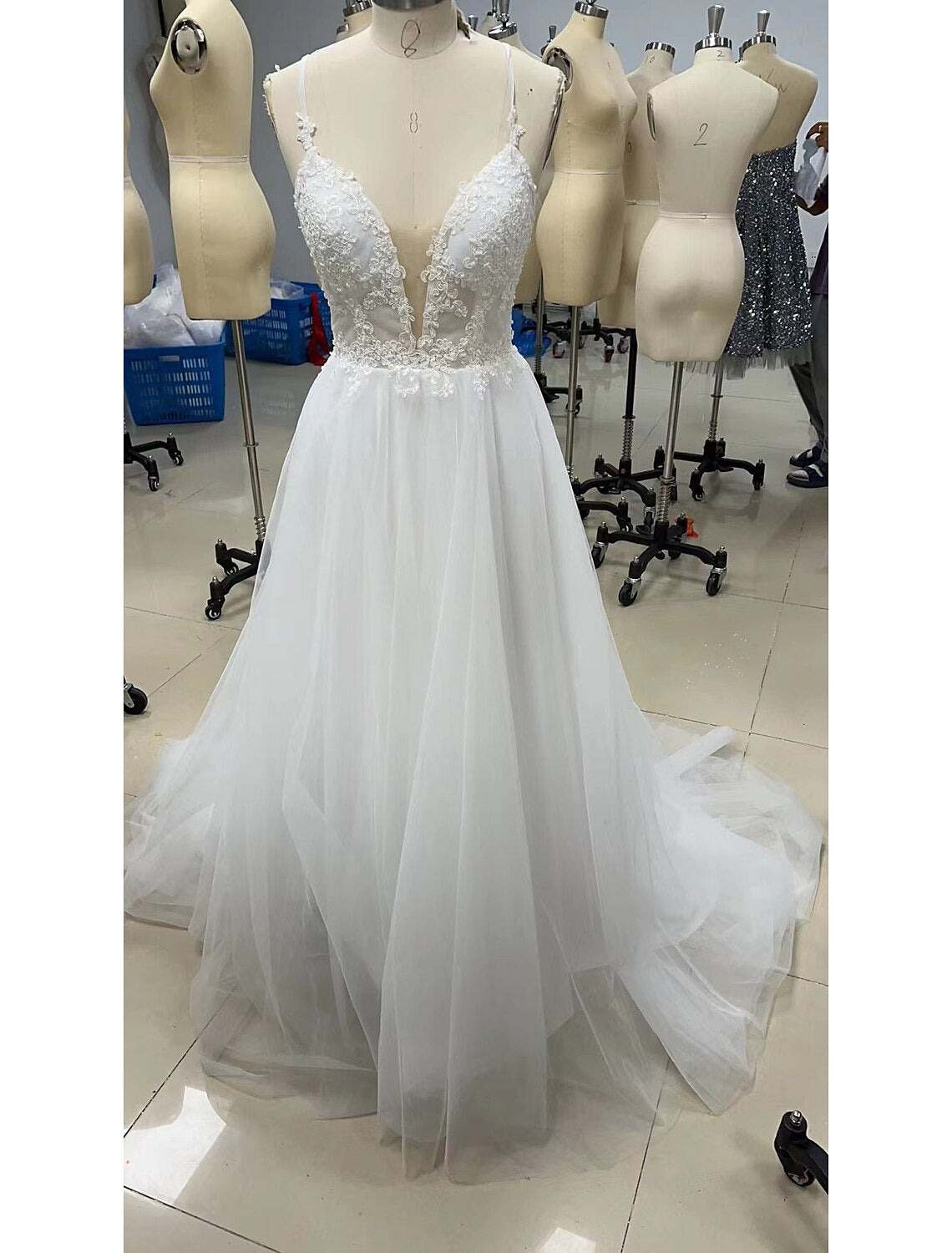 wholesale  A-Line Evening Gown Minimalist Dress Engagement Sweep / Brush Train Sleeveless V Neck Tulle with Beading Appliques Shouder Flower