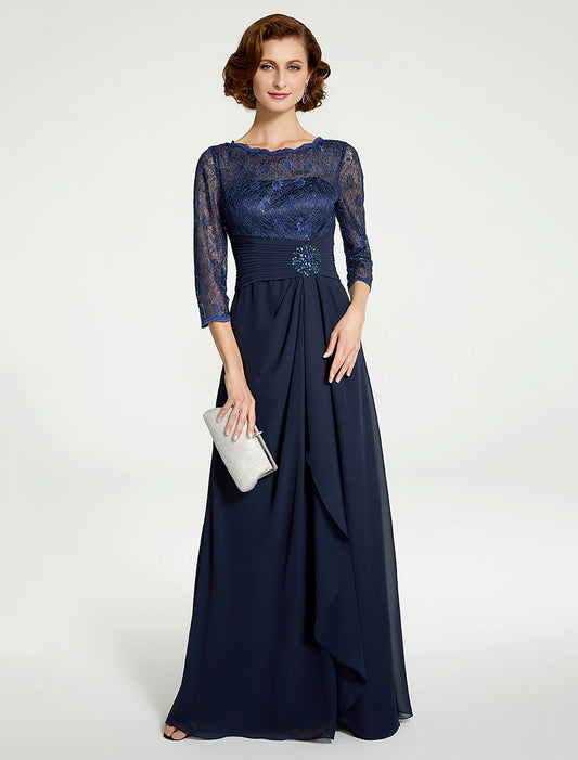 wholesale A-Line Mother of the Bride Dress Jewel Neck Floor Length Chiffon Lace 3/4 Length Sleeve with Lace Ruching