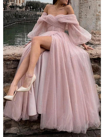 Wholesa A-Line Prom Dresses Corsets Dress Formal Wedding Party Dress Floor Length Long Sleeve Off Shoulder Tulle with Glitter Ruched Slit