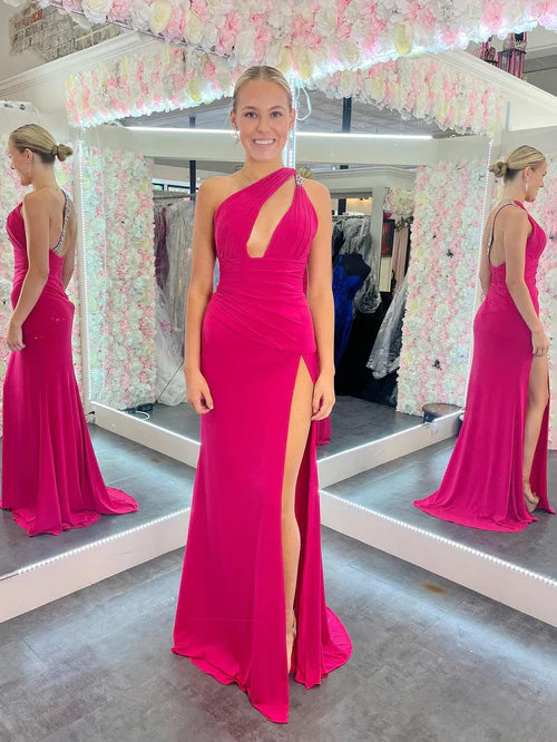 Wholesale Fashion Mermaid Evening Dress One Shoulder Pink Cutout Long Prom Dress