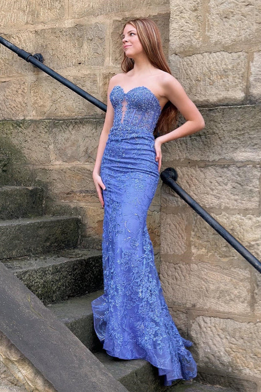 Wholesa Periwinkle Strapless Floral Mermaid Long Prom Dress