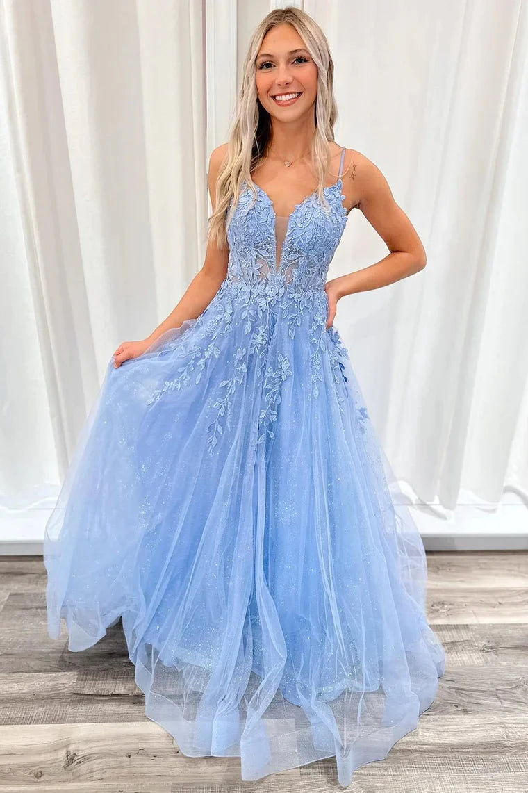 Wholesa Light Blue Tulle Appliques Plunge V A-Line Long Prom Dress