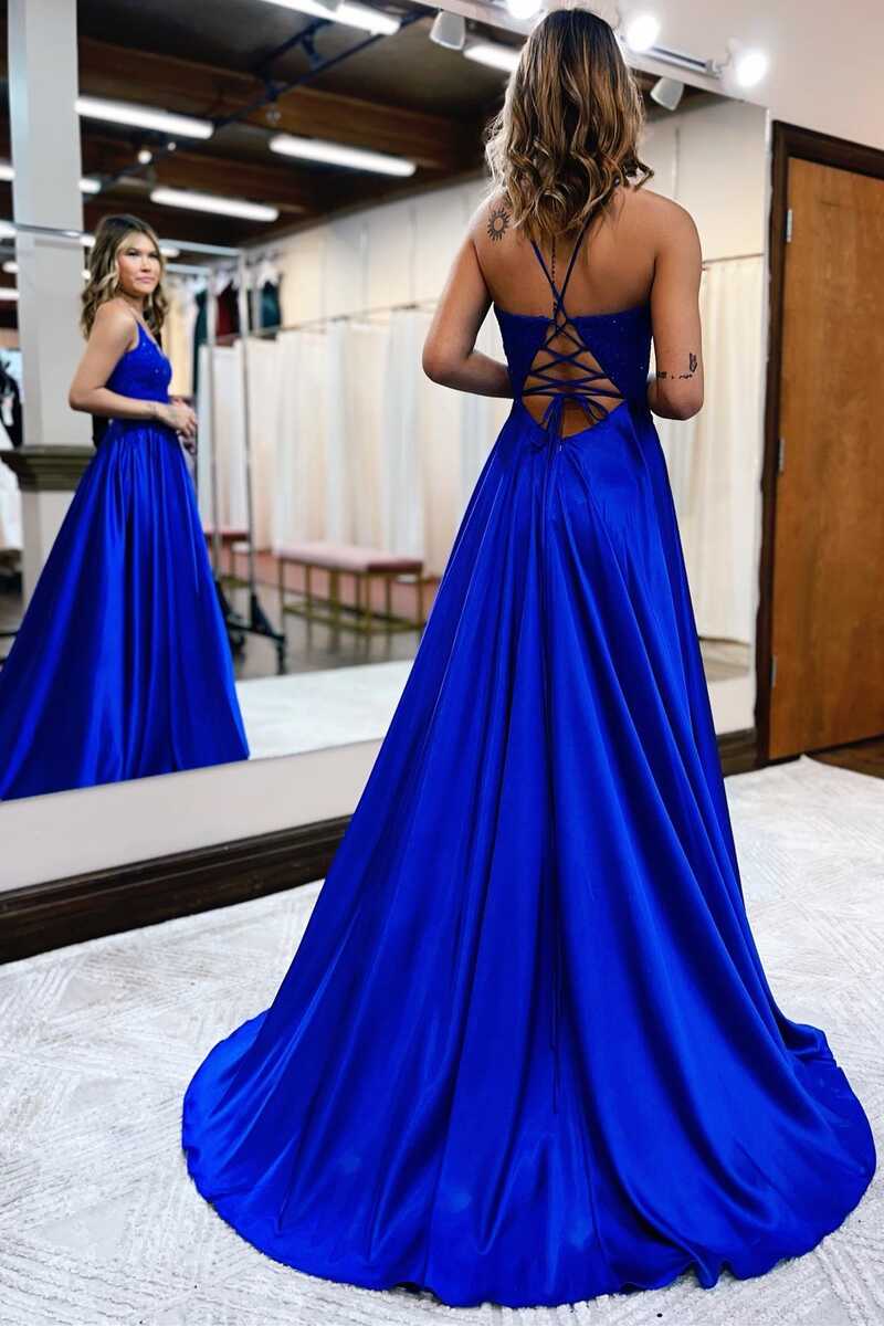 Wholesa Cute A Line V Neck Royal Blue Satin Long Prom Dresses with Slit