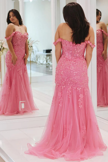 Wholesa Pink Mermaid Off the Shoulder Tulle Long Prom Dress with Appliques