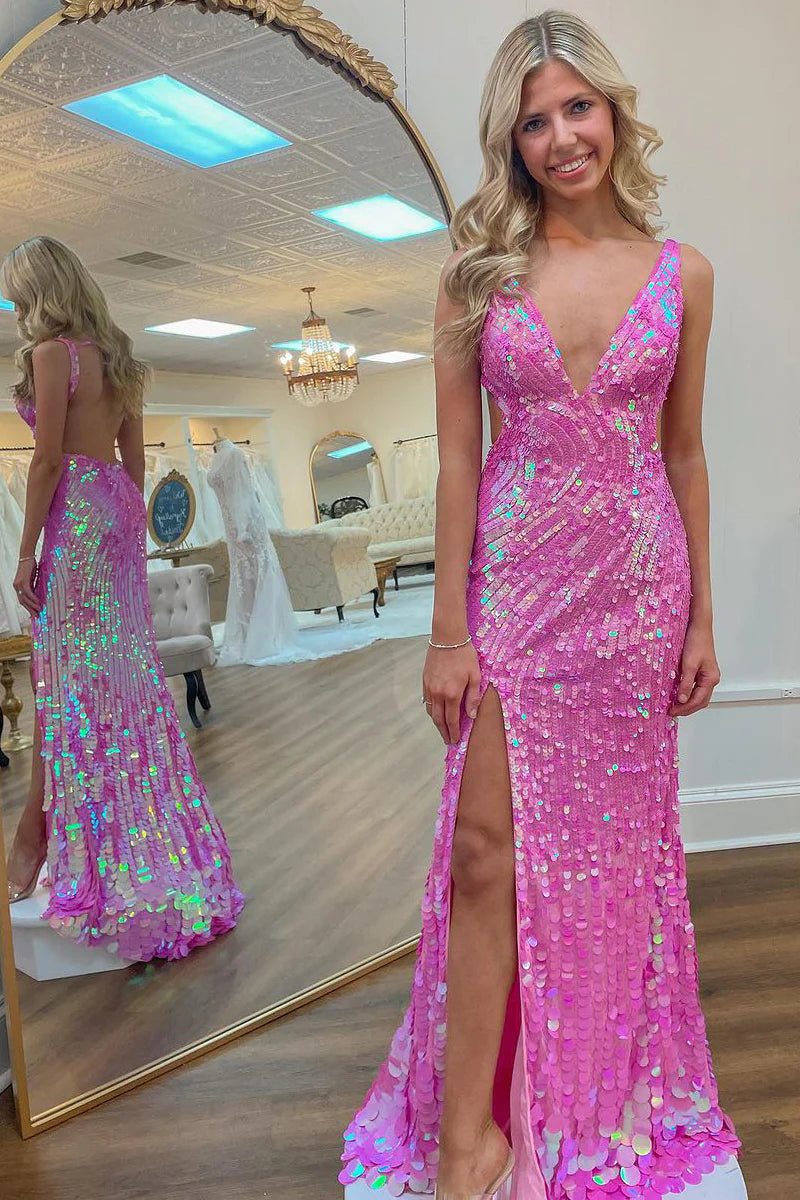 Wholesa Pink Sequins V Neck Mermaid Backless Long Prom Dress