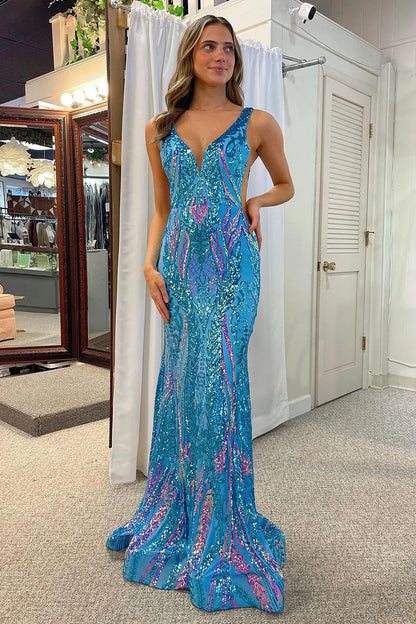 Wholesa Blue V Neck Sequin Lace Mermaid Long Prom Dresses