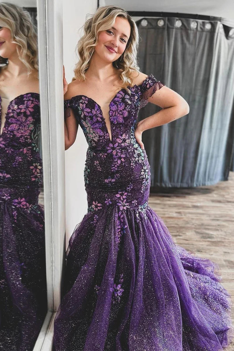 Wholesa Purple Off the Shoulder Sequin Lace Mermaid Prom Dresses