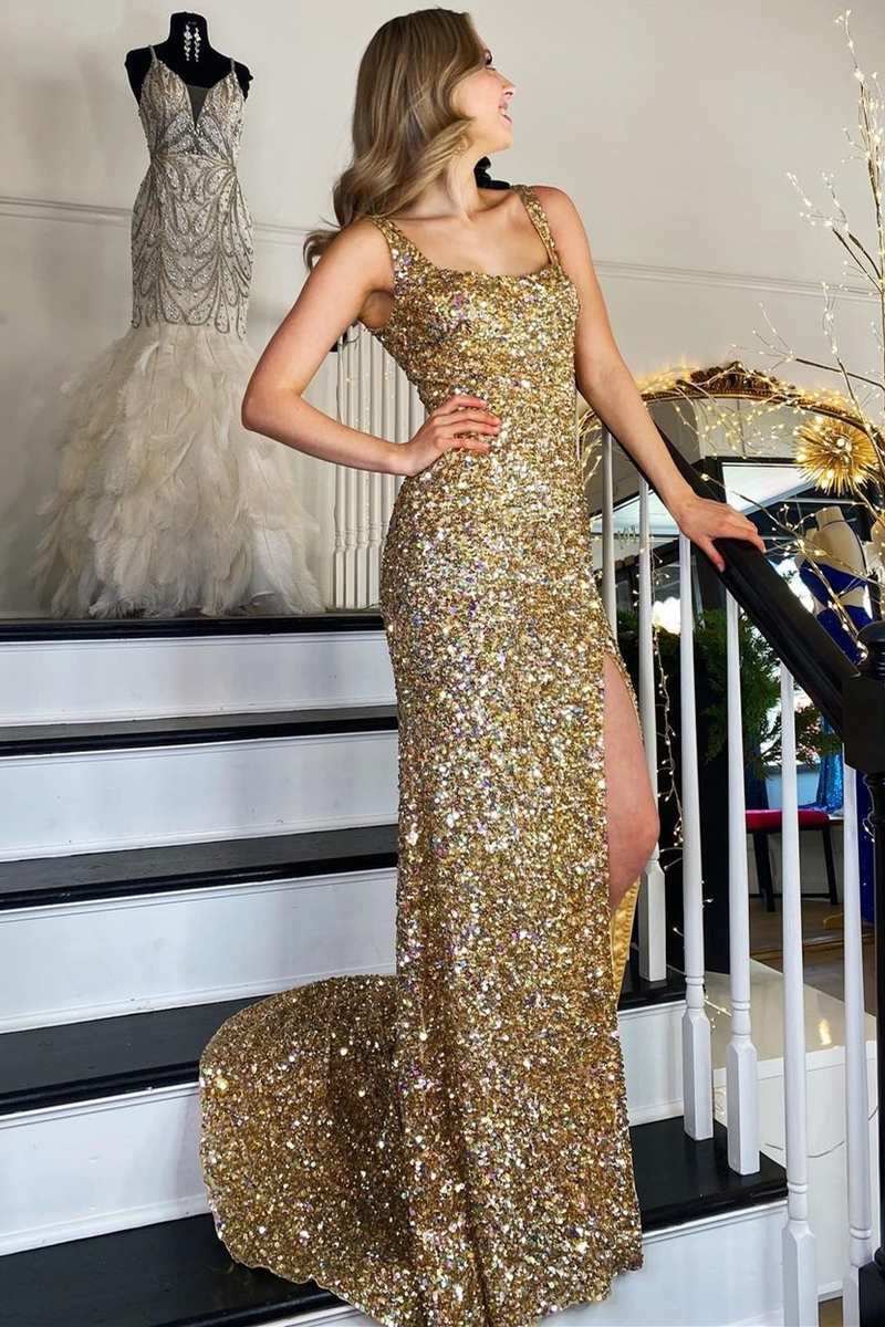 Wholesa Gold Sequin Square Neck Backless Mermaid Long Formal Dress with Slit