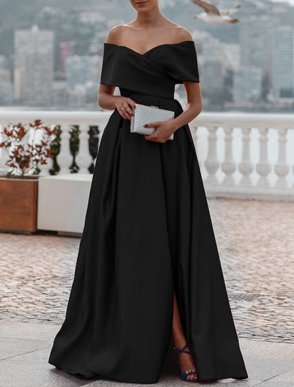 Wholesa A-Line Evening Gown Party Dress Celebrity Style Dress Formal Wedding Court Train Sleeveless Off Shoulder Bridesmaid Dress Satin with Ruched Slit