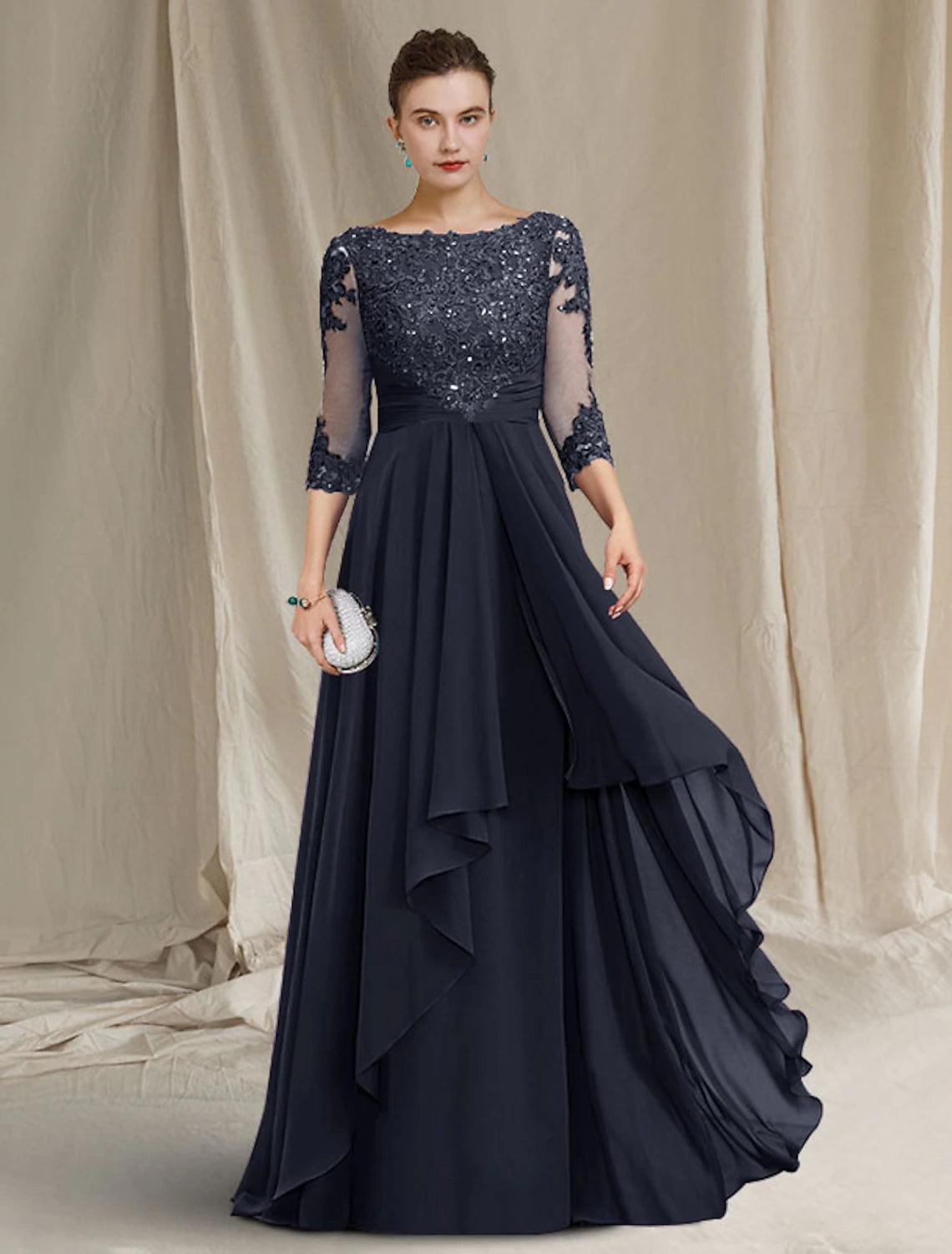 wholesale A-Line Mother of the Bride Dress Luxurious Elegant Jewel Neck Floor Length Chiffon Lace Sequined 3/4 Length Sleeve with Pleats Beading Appliques