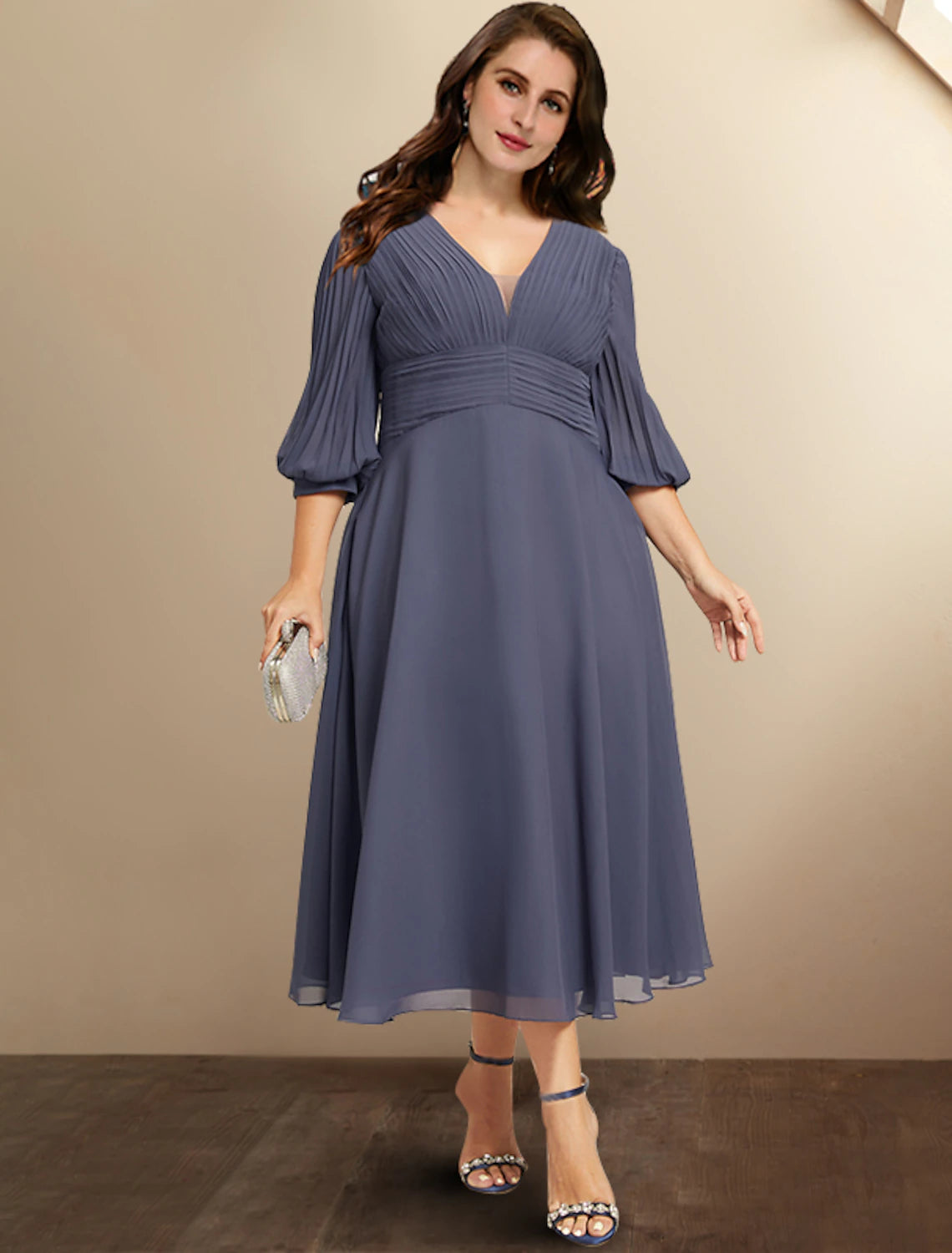 Wholesa  A-Line Mother of the Bride Dresses Plus Size Hide Belly Curve Elegant Dress Formal Tea Length Half Sleeve V Neck Chiffon with Pleats Ruched Fall