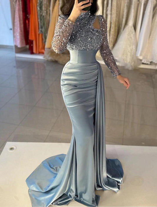 Wholesa Mermaid / Trumpet Evening Gown Elegant Dress Formal Sweep / Brush Train Long Sleeve High Neck Satin with Pearls Sequin