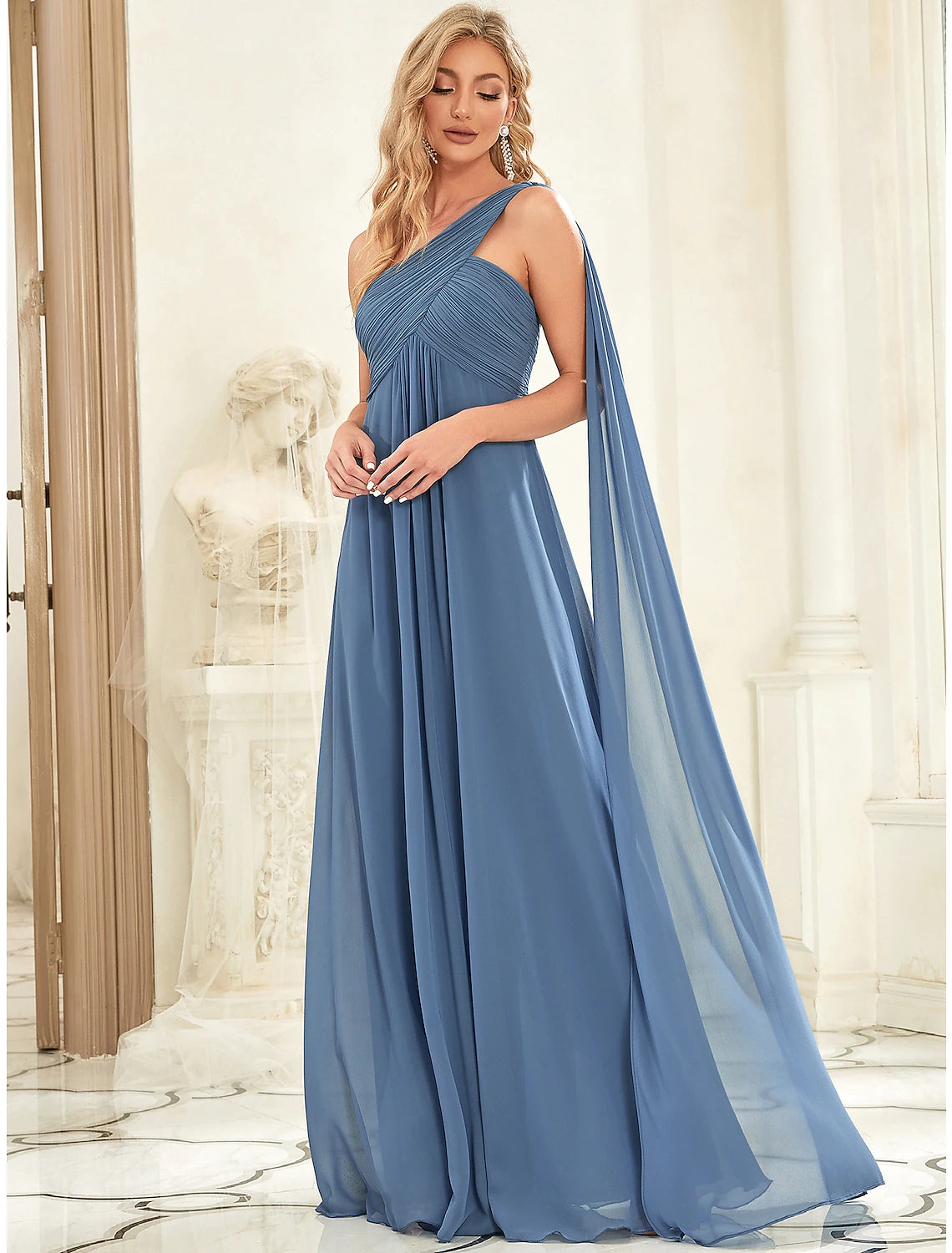 Wholesale A-Line Evening Gown Empire Dress Formal Evening Floor Length Sleeveless One Shoulder Bridesmaid Dress Chiffon Backless with Pleats Draping