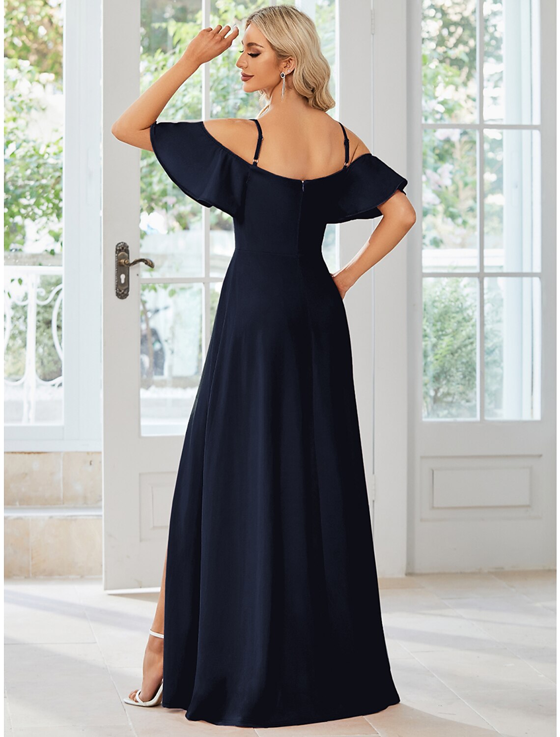 Wholesa A-Line Wedding Guest Dresses High Split Dress Formal Black Tie Floor Length Short Sleeve Off Shoulder Stretch Fabric with Slit Pure Color