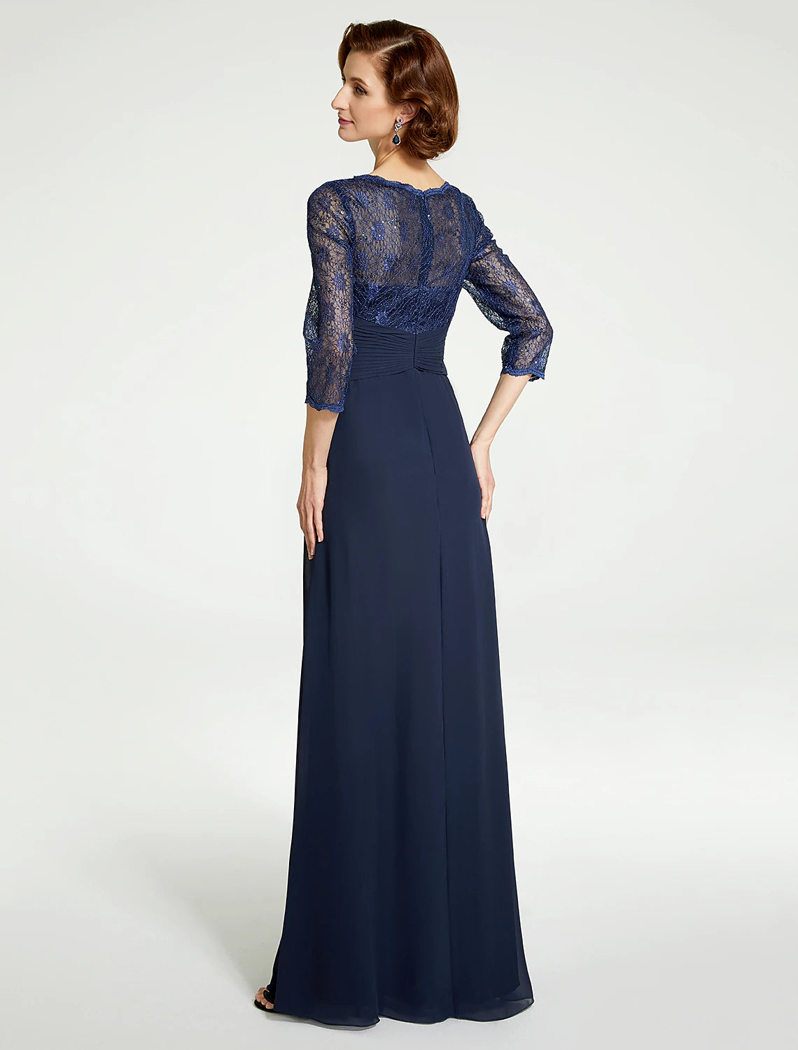 wholesale A-Line Mother of the Bride Dress Jewel Neck Floor Length Chiffon Lace 3/4 Length Sleeve with Lace Ruching