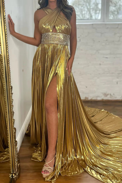 Wholesa Glitter Golden A-Line Beaded Metallic Long Prom Dress with Slit