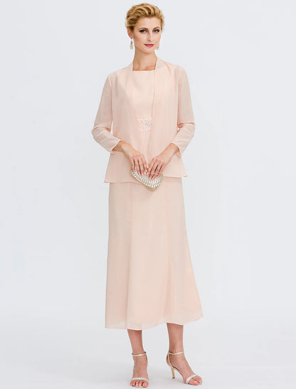 Wholesa  Two Piece Sheath / Column Mother of the Bride Dress Wedding Guest Plus Size Elegant with Jacket Long Sleeve Scoop Neck Tea Length Chiffon Sash / Ribbon Pleats Beadin