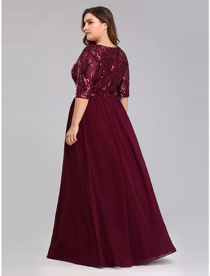 Wholesale A-Line Prom Dresses Plus Size Dress Wedding Guest Floor Length Half Sleeve Plunging Neck Chiffon with