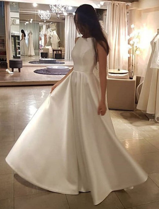 Wholesale Reception Casual Wedding Dresses A-Line Scoop Neck Sleeveless Sweep / Brush Train Satin Bridal Gowns With Solid Color Summer Wedding Party