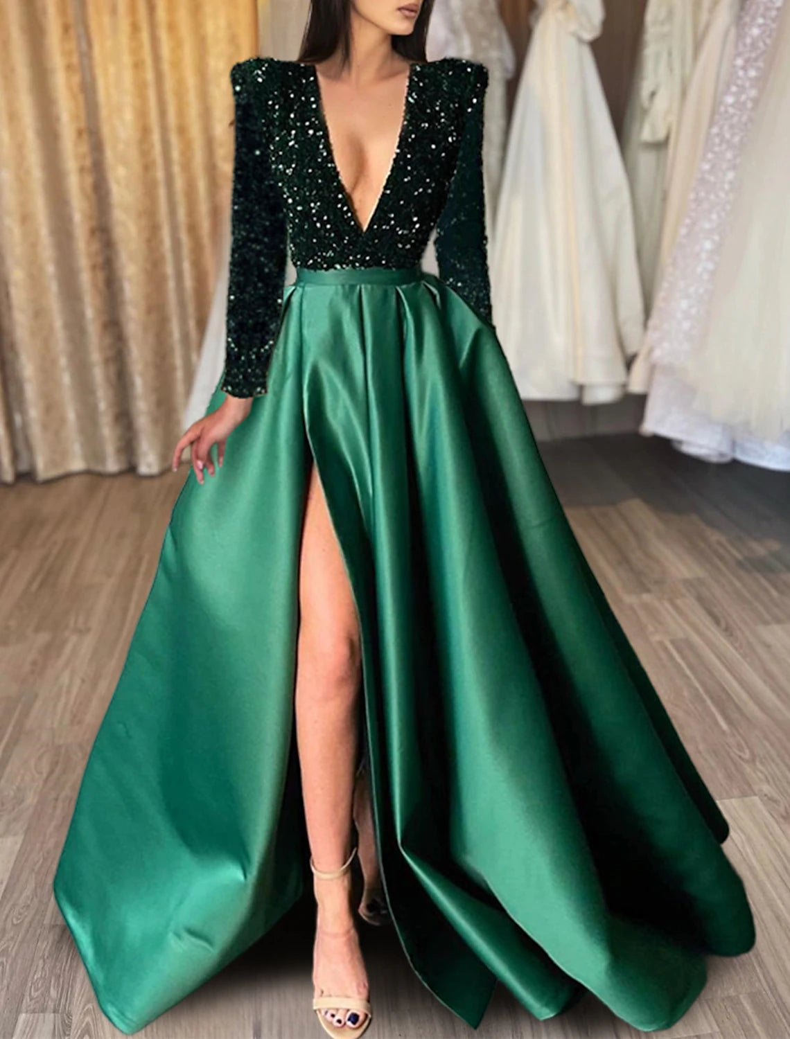 Wholesa A-Line Evening Gown Red Green Dress Formal Black Dress Plus Size Wedding Court Train Half Sleeve V Neck Satin with Sequin Slit