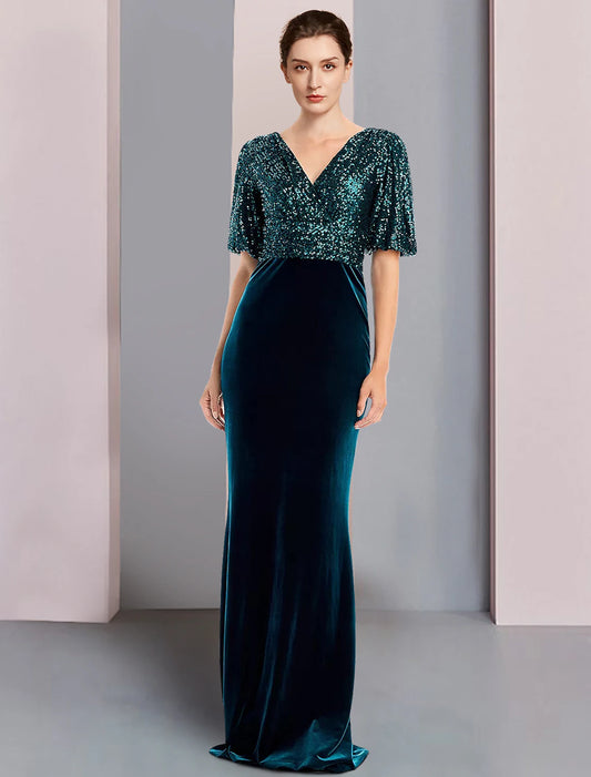 Wholesa  Sheath / Column Mother of the Bride Dress Formal Wedding Guest Elegant Vintage V Neck Sweep / Brush Train Sequined Velvet Half Sleeve with Color Block