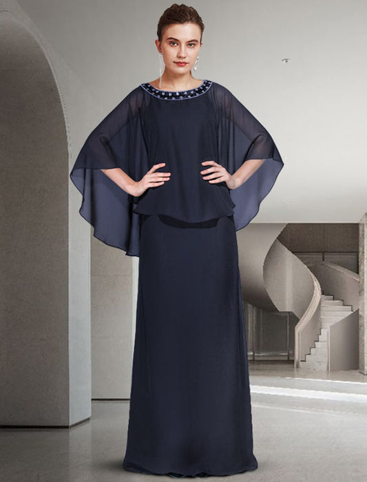 Wholesa Two Piece Sheath / Column Mother of the Bride Dress Elegant Jewel Neck Floor Length Chiffon Long Sleeve with Ruffles