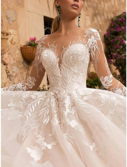 Wholesa Formal Wedding Dresses A-Line V Neck Long Sleeve Court Train Tulle Bridal Gowns With Pleats Appliques