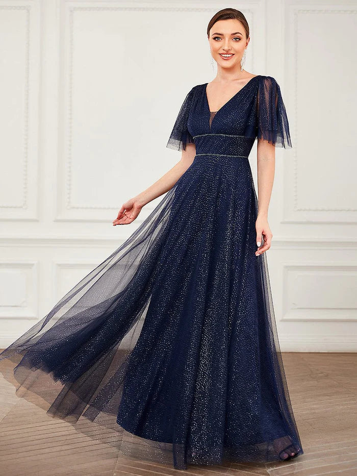 Wholesa Romantic V Neck Tulle Evening Dress with Ruffle Sleeves