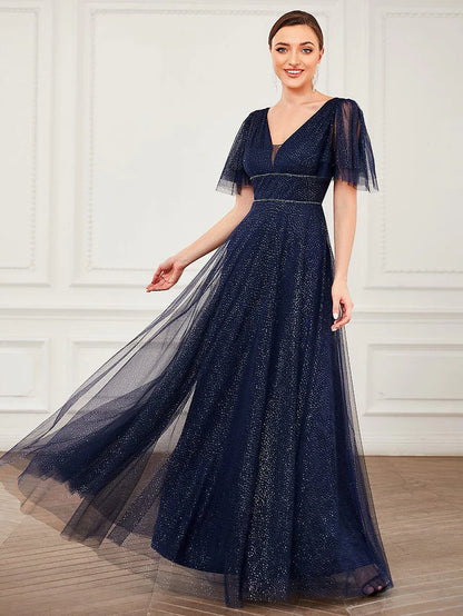 Wholesa Romantic V Neck Tulle Evening Dress with Ruffle Sleeves