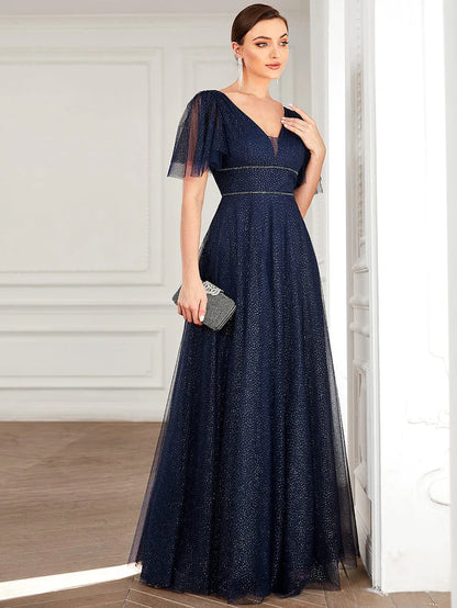 Wholesa Romantic V Neck Tulle Evening Dress with Ruffle Sleeves