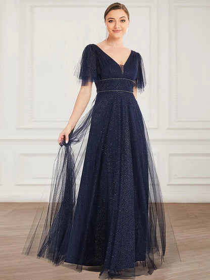 Wholesa Romantic V Neck Tulle Evening Dress with Ruffle Sleeves