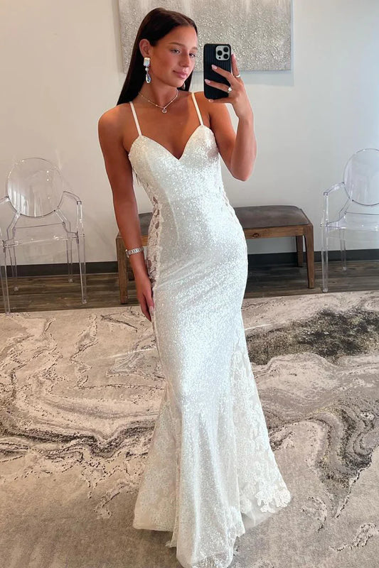 Wholesa White V Neck Sequin Mermaid Long Prom Dresses with Appliques