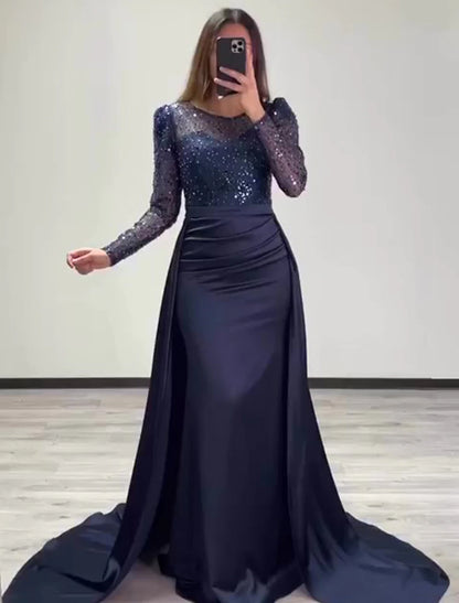 Wholesa Mermaid Sequin Evening Gown Ruched Satin Dress Long Sleeves Floor Length Sparkle Illusion Neck Fall Wedding Guest Dress with Pearls Overskirt