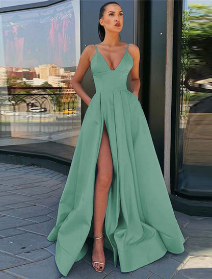 Wholesale A-Line Black Prom Dress High Split Evening Dress Formal Birthday Summer Dress Spaghetti Strap Sleeveless Sweep / Brush Train Satin with Pleats Split Front