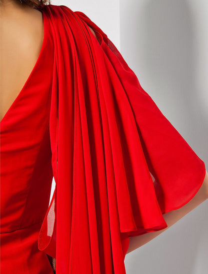 Wholesa  Sheath Christmas Red Green Dress Empire Wedding Guest Formal Evening Dress One Shoulder Sleeveless Floor Length Chiffon with Draping Slit