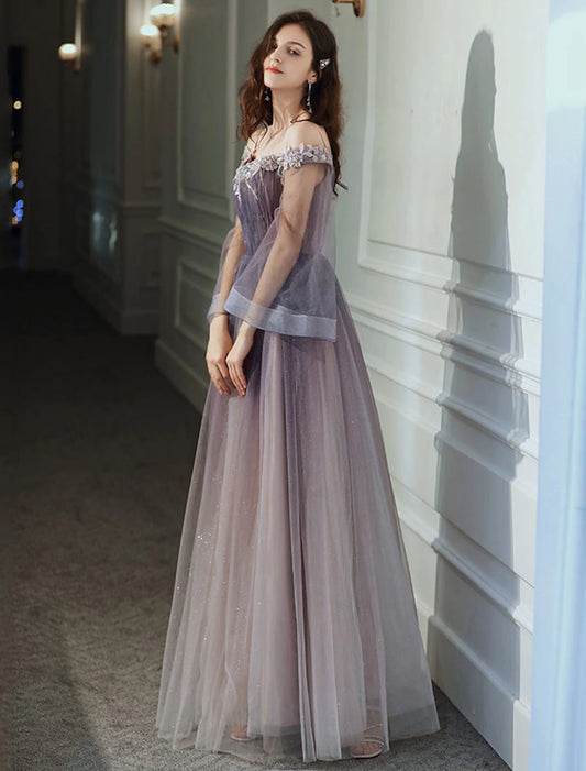 Wholesale A-Line Minimalist Elegant Party Wear Prom Dress Off Shoulder Long Sleeve Floor Length Tulle with Appliques