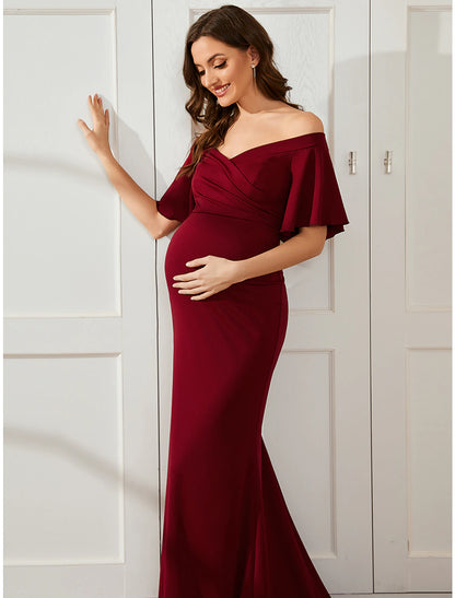 Wholesa Mermaid / Trumpet Maternity Dresses Maternity Dress Formal Wedding Party Court Train Short Sleeve Off Shoulder Stretch Fabric with Ruched Pure Color