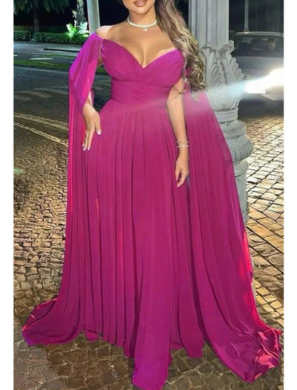 wholesale  A-Line Evening Gown Elegant Dress Formal Sweep / Brush Train Sleeveless Off Shoulder Capes Chiffon with Pleats