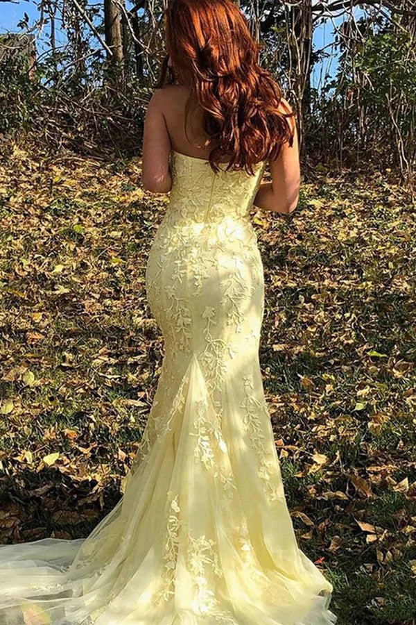 Aimishang Elegant Mermaid Evening Dress Strapless Lace Long Prom Dress with Slit