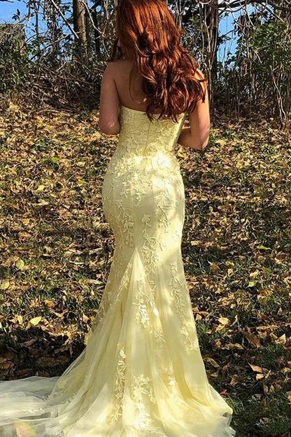 Aimishang Elegant Mermaid Evening Dress Strapless Lace Long Prom Dress with Slit