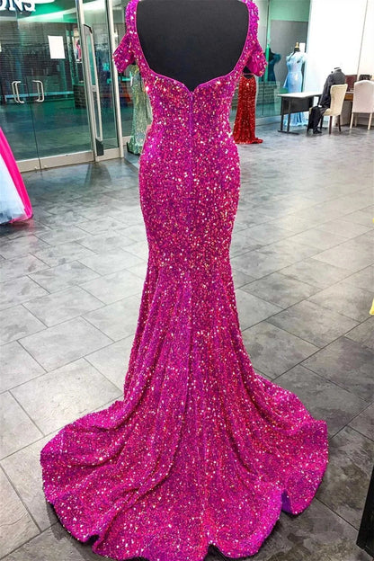 Wholesa Mermaid Off-the-Shoulder Fuchsia Sequins Long Prom Dress