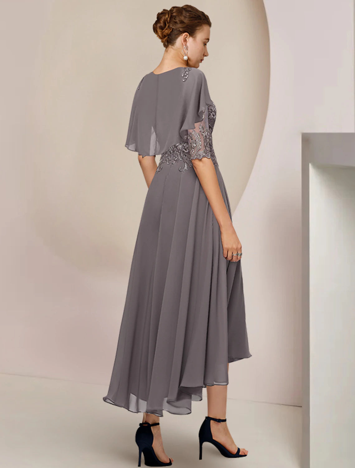 wholesale A-Line Mother of the Bride Dress Formal Wedding Guest Elegant Scoop Neck Asymmetrical Tea Length Chiffon Lace 3/4 Length Sleeve with Beading Tier Appliques