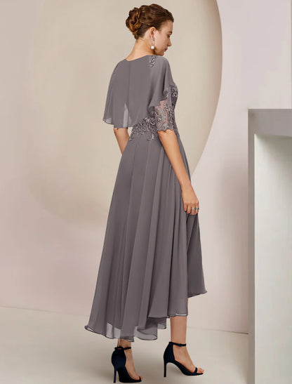 wholesale  A-Line Mother of the Bride Dress Formal Fall Wedding Guest Elegant Scoop Neck Asymmetrical Tea Length Chiffon Lace Half Sleeve with Beading Appliques