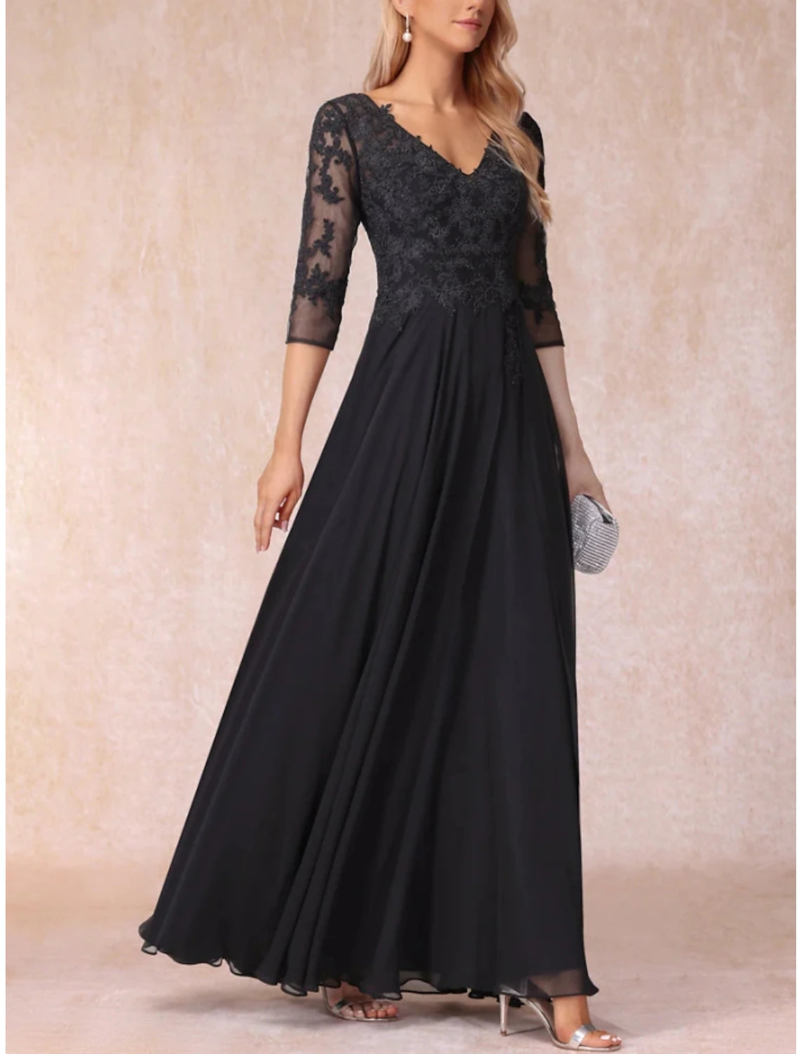 Wholesa A-Line Mother of the Bride Dress Wedding Guest Elegant V Neck Floor Length Chiffon Lace 3/4 Length Sleeve with Ruching Solid Color