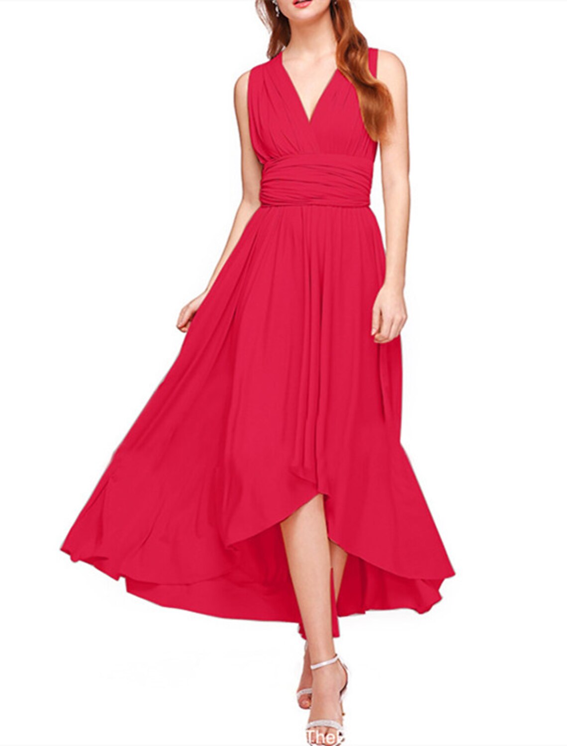 wholesale  A-Line Bridesmaid Dress V Neck Sleeveless Convertible Infinity Asymmetrical Spandex with Pleats / Solid Color