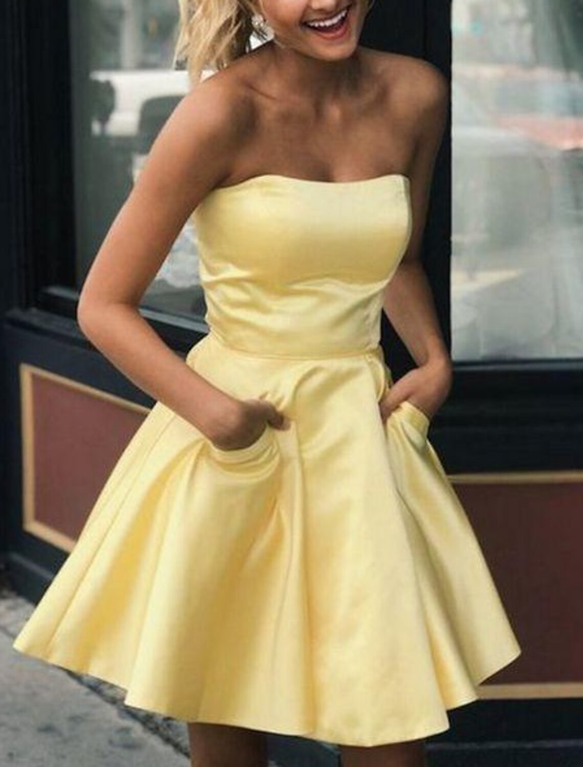 wholesale  A-Line Hot Flirty Homecoming Cocktail Party Dress Strapless Sleeveless Short / Mini Satin with Sleek Pleats