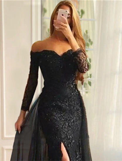 Wholesa  Mermaid Evening Gown Floral Carnival Dress Formal Wedding Sweep / Brush Train Long Sleeve Off Shoulder Fall Wedding Reception Chiffon with Slit Appliques