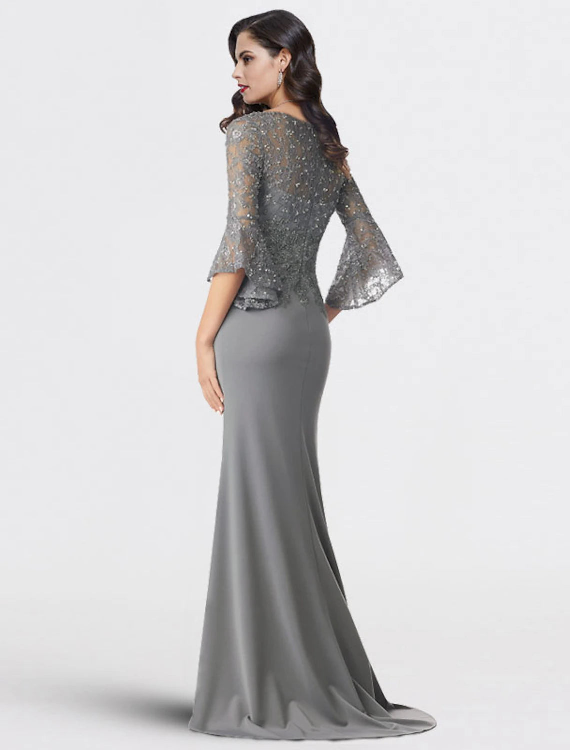 Wholesa Mermaid / Trumpet Mother of the Bride Dress Plus Size Elegant V Neck Sweep / Brush Train Chiffon Lace 3/4 Length Sleeve with Sequin Appliques